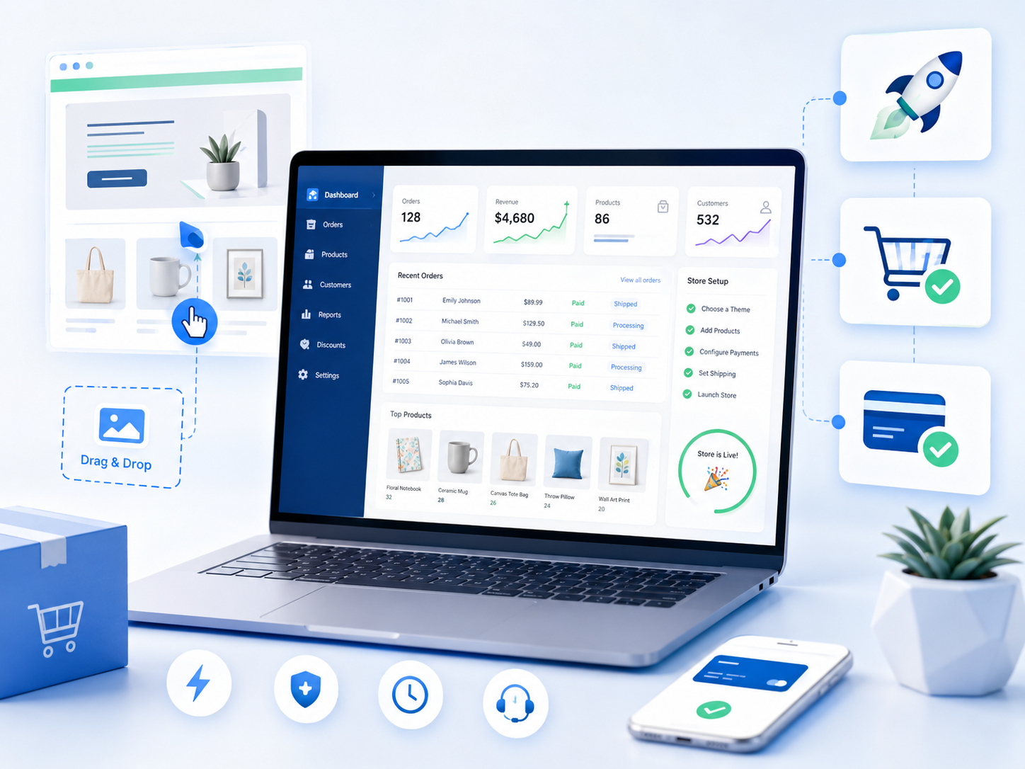 Build your store, add products, and go live.
